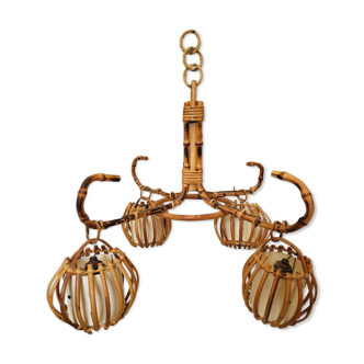 Vintage rattan chandelier 60s 4 branches