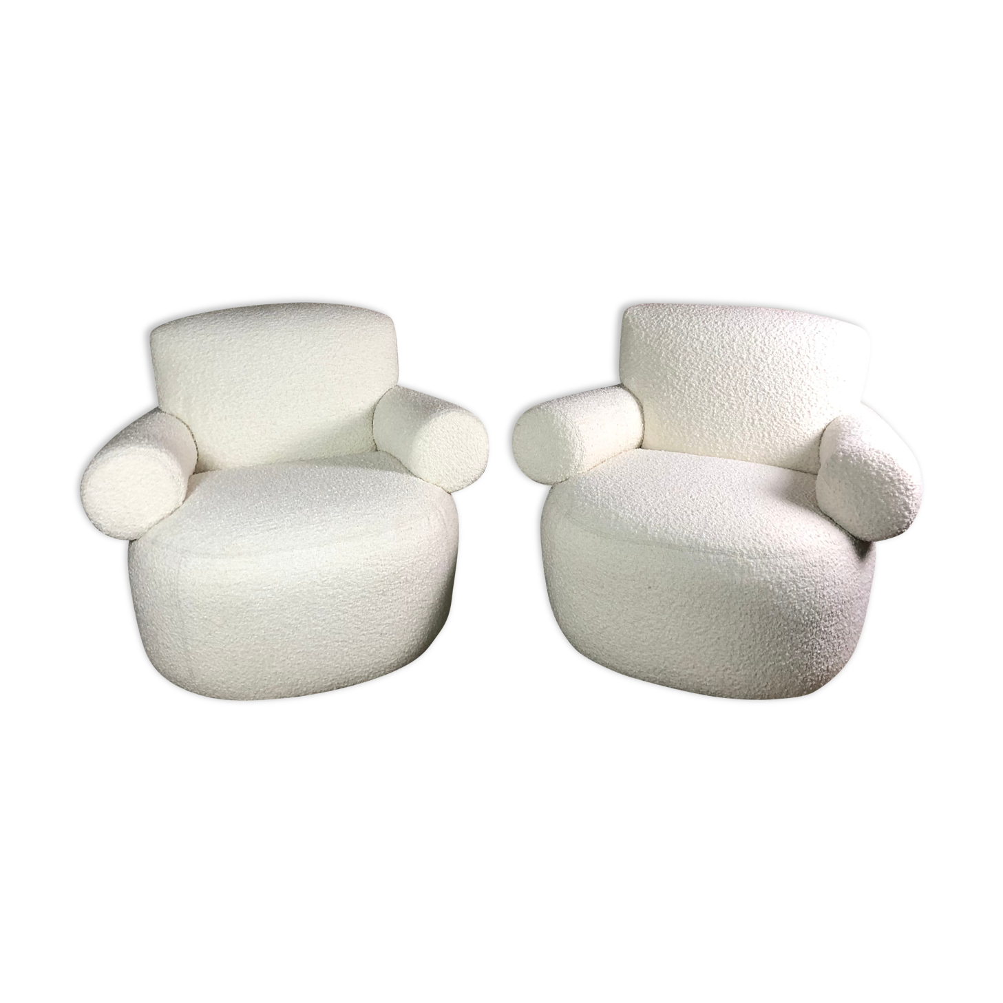 Armchairs (the pair) ecru in curly wool