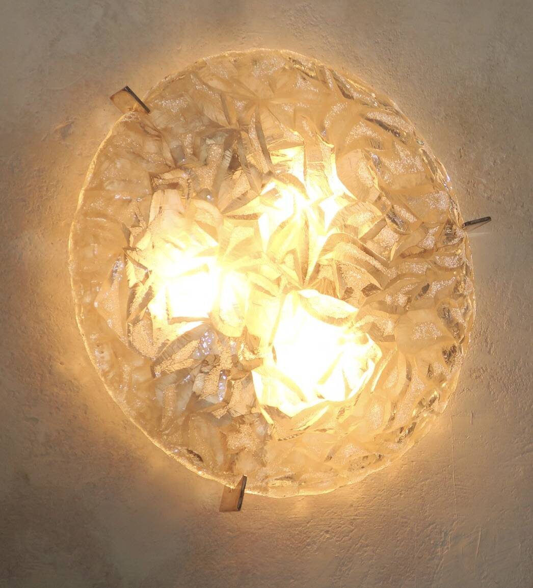 Frosted ice glass plafonnier, Kaiser Leuchten label, 1970s