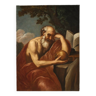 Great 17th century Italian painting, Saint Jerome in Meditation