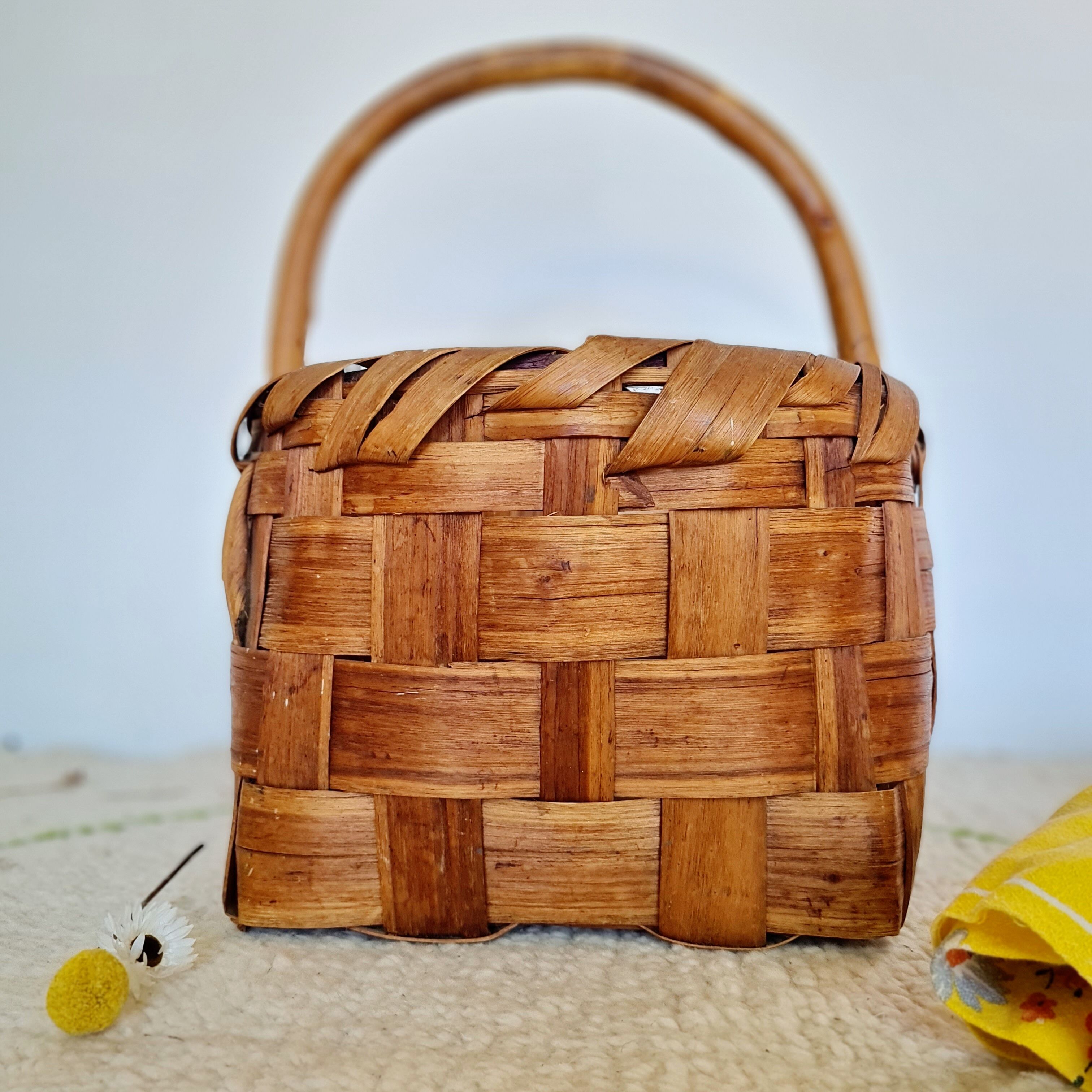 Old wood basket and natural fibers