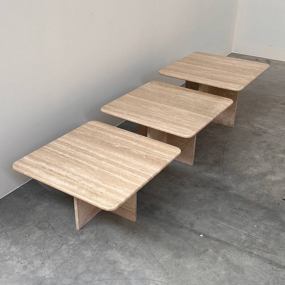 Set of three Italian travertine nesting / side tables, 1970s–1980s