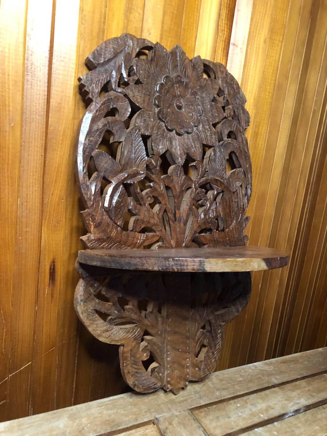 Carved wood shelf vintage birds & flowers decor