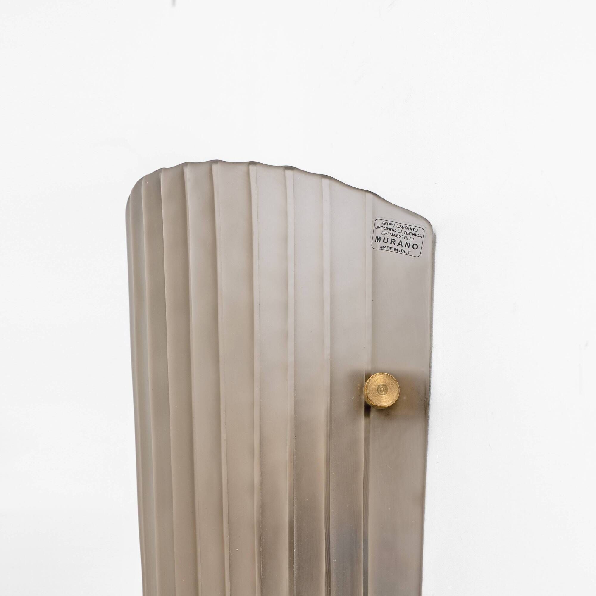 Pair of Murano Glass Wall Sconces Satin Smoke Glass and Brass, Italy