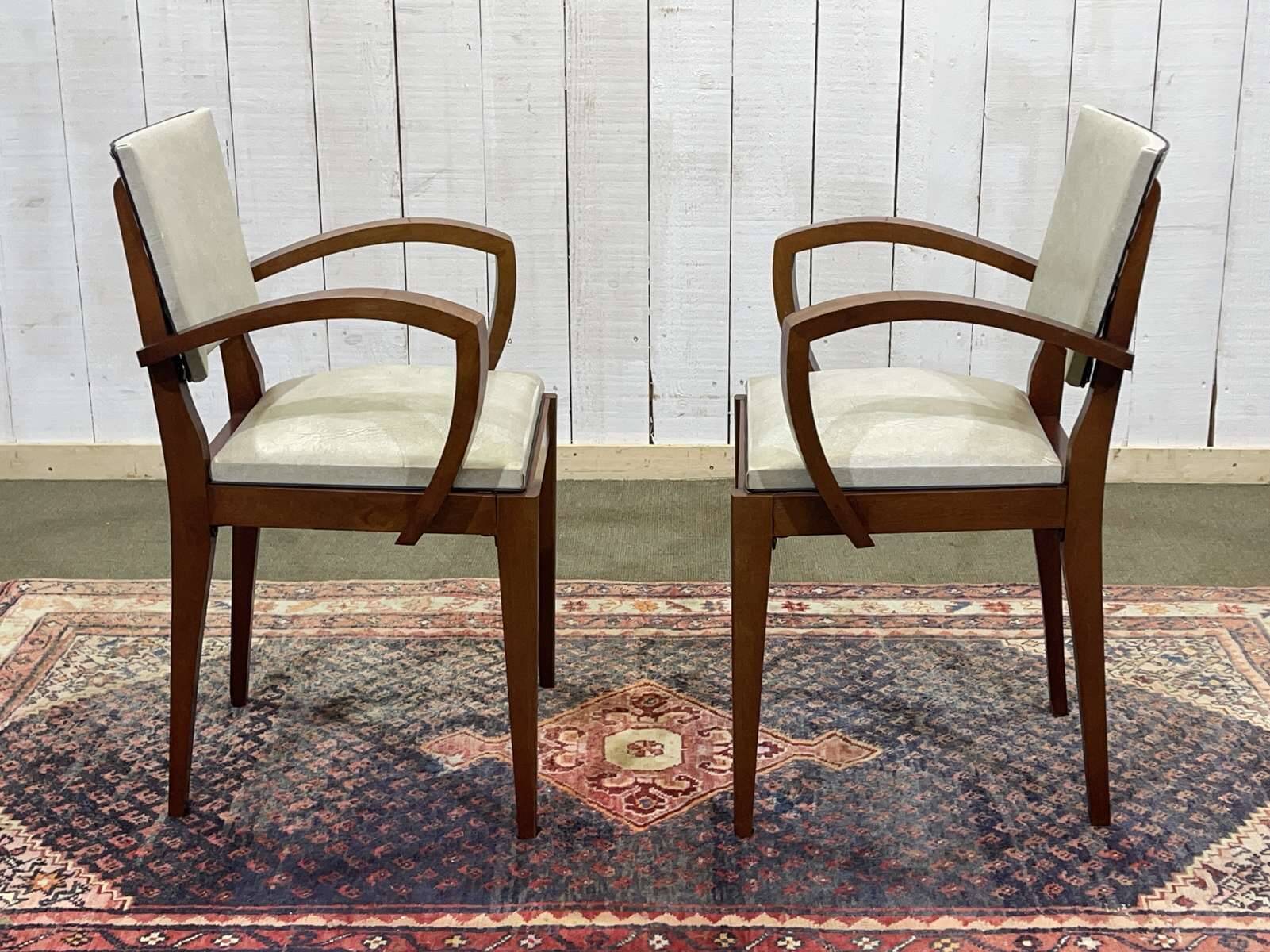 Pair of Art Deco bridge chairs in beech and imitation leather from the 1950s