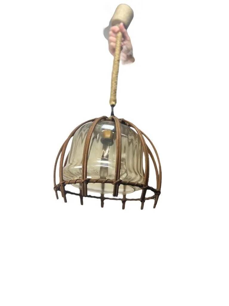 Vintage rattan pendant lamp with glass shade and cord accent