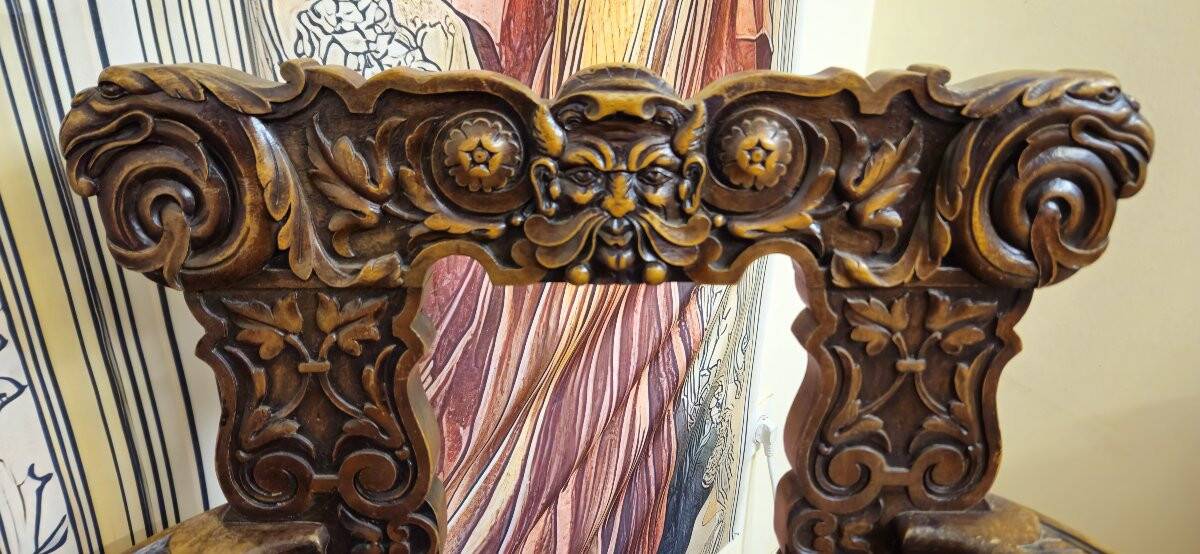 Pair of antique carved armchairs in Renaissance / Louis XIII / 19th century style.