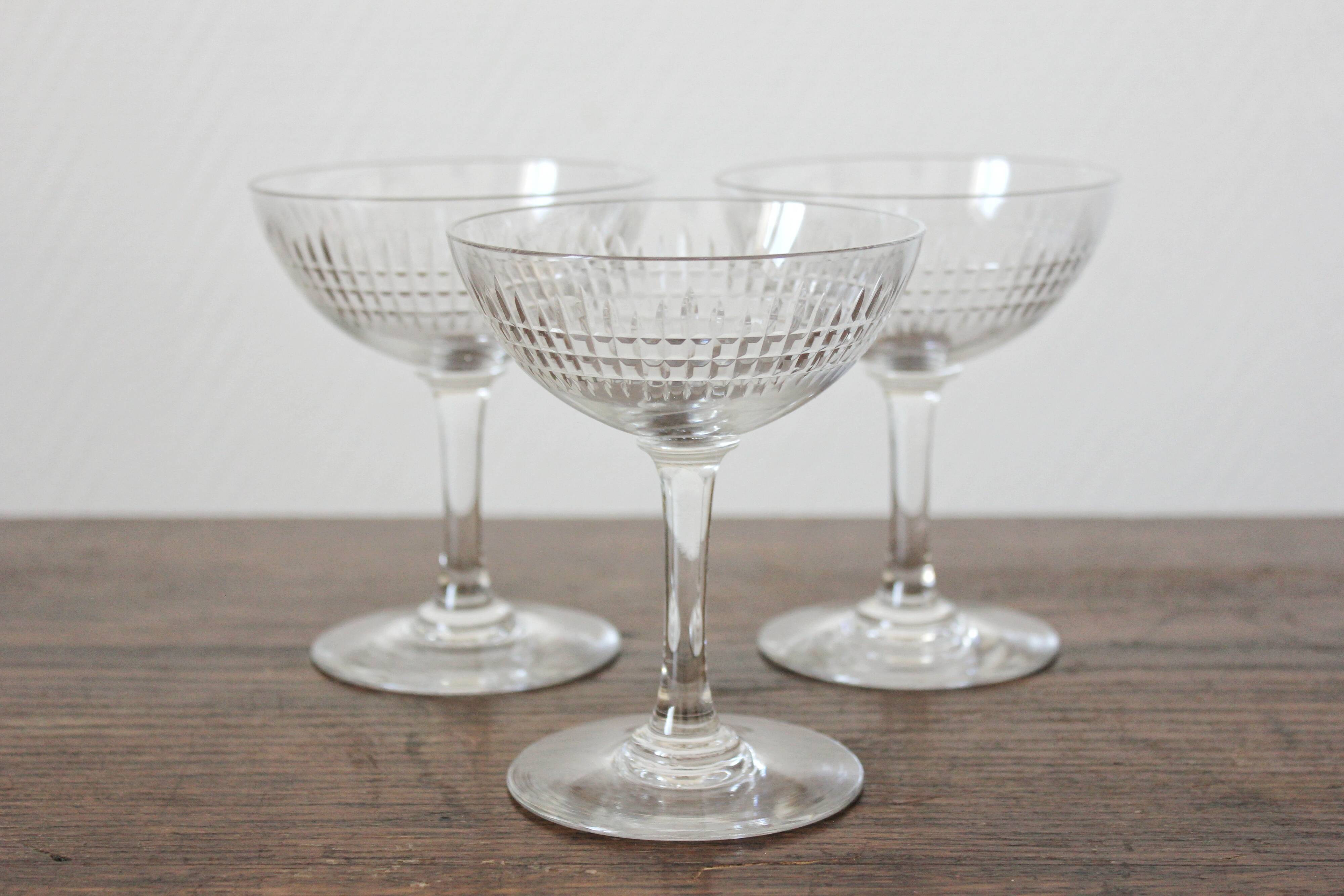 3 antique champagne glasses in ridged engraved crystal
