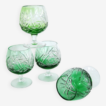 4 verres à liqueur en cristal taillé vert - made in Germany - vintage années 60