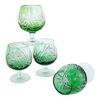 4 verres à liqueur en cristal taillé vert - made in Germany - vintage années 60