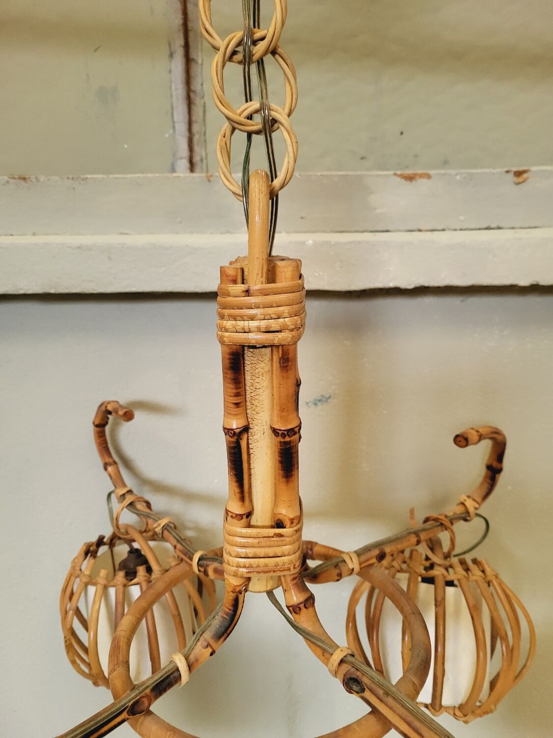 Vintage rattan chandelier 60s 4 branches
