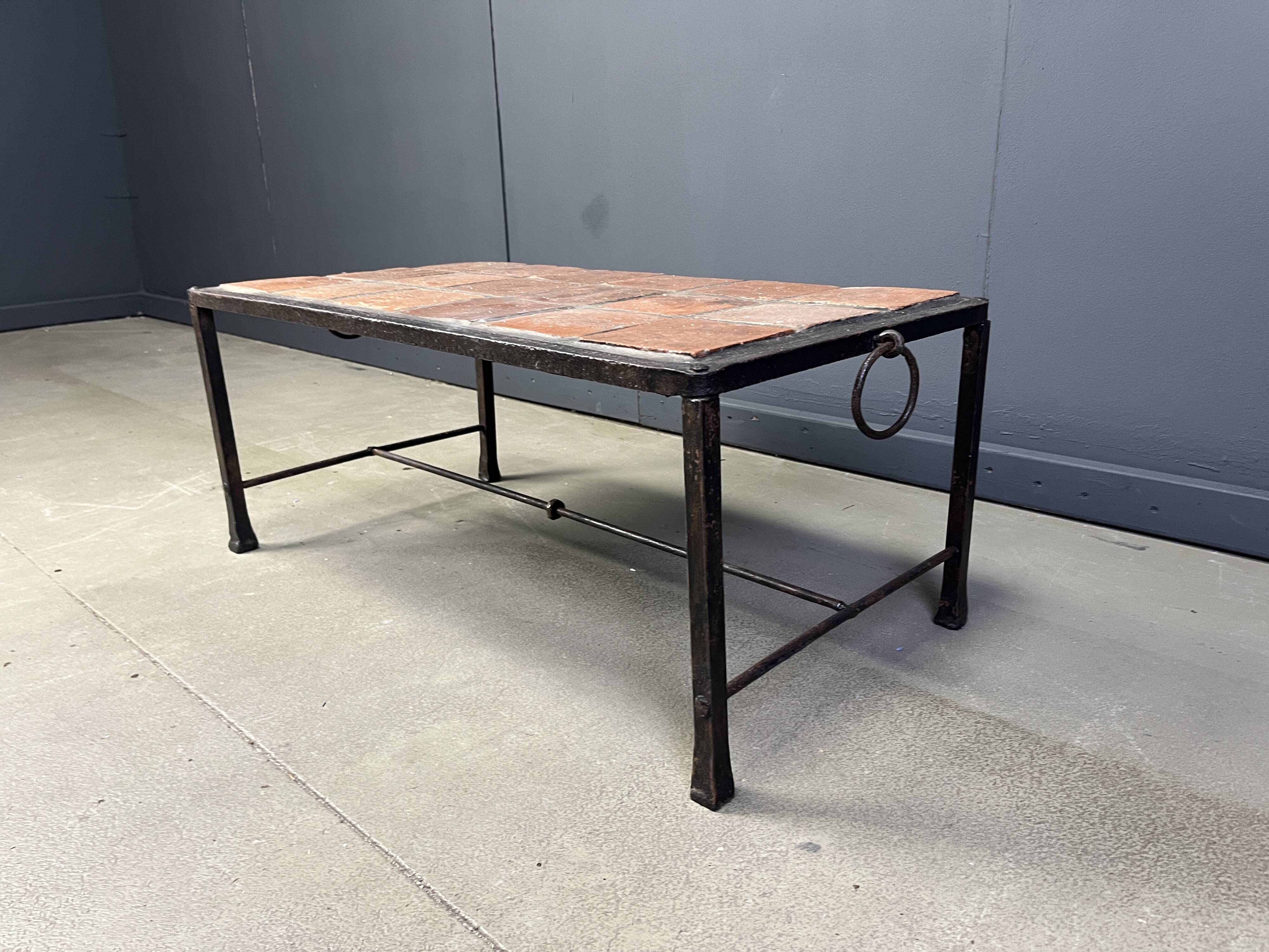 Spanish iron and ceramic tile coffee table, 1950s
