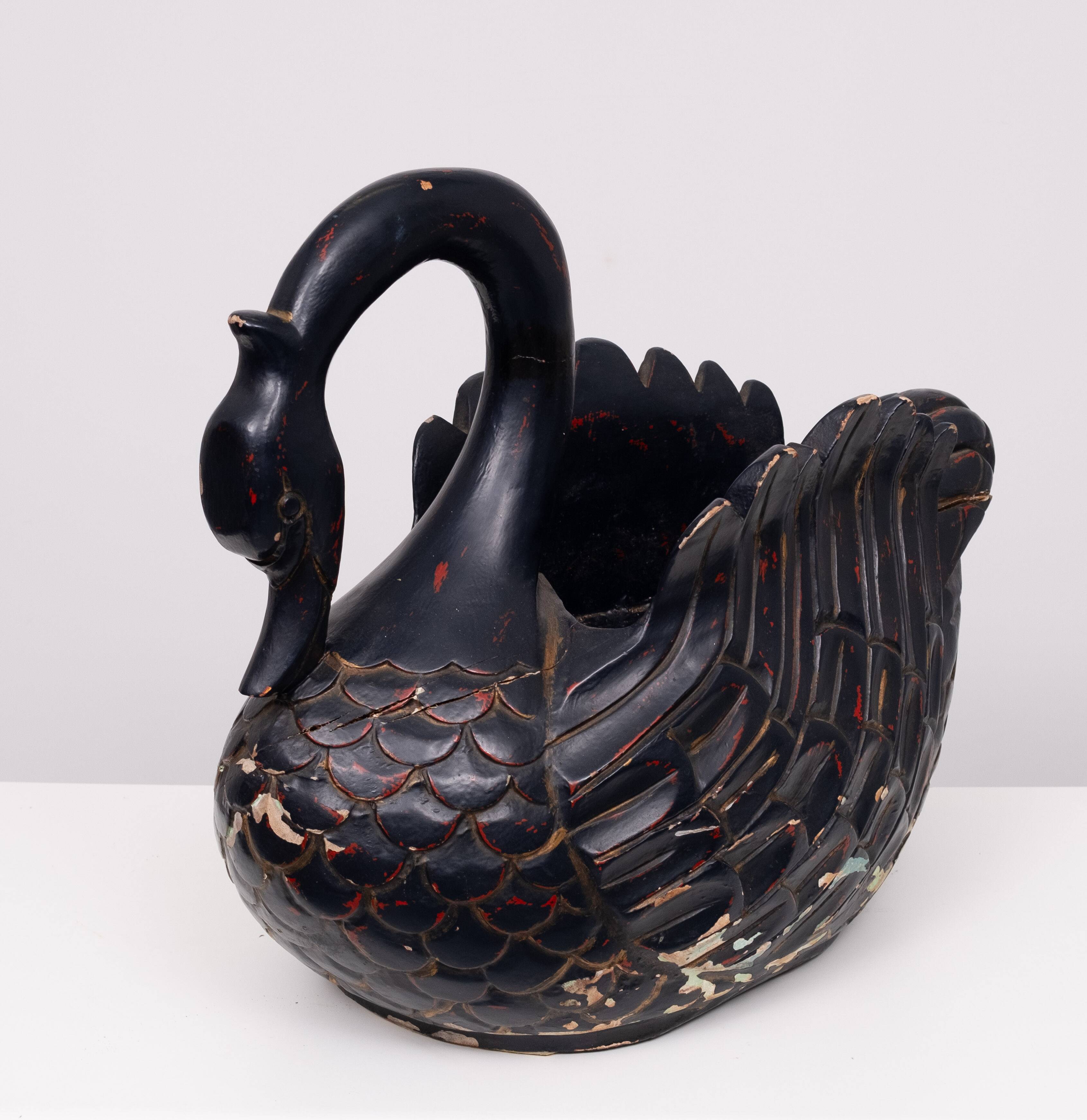 Mid Century Large Black Wooden Swan