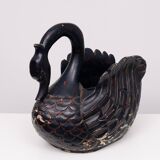 Mid Century Large Black Wooden Swan