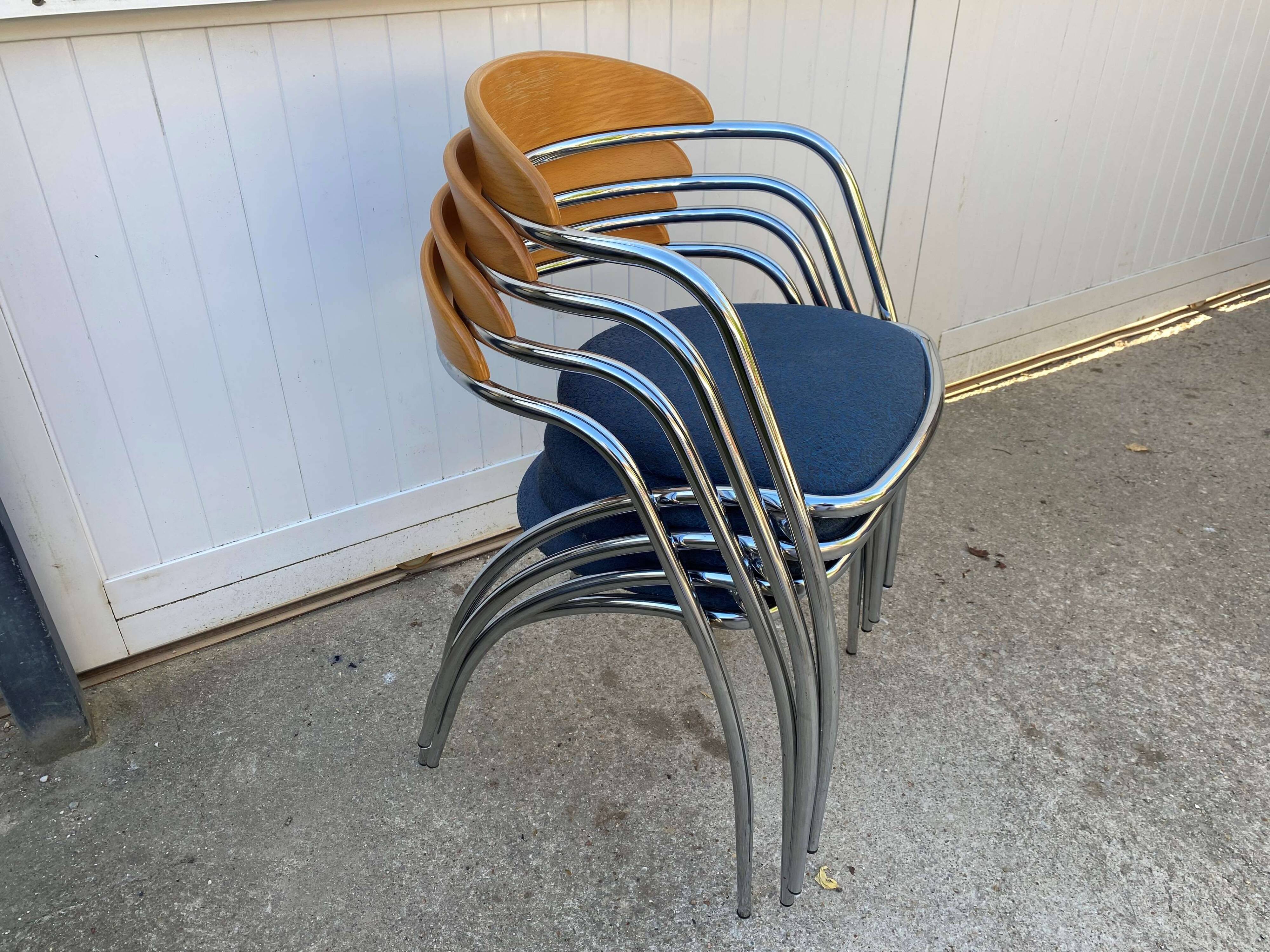 Set of 4 chairs with armrest Effezeta chrome blue fabric and wood an2000