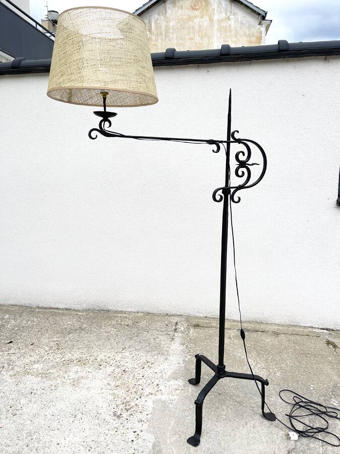 Wrought iron and cane floor lamp, 1970