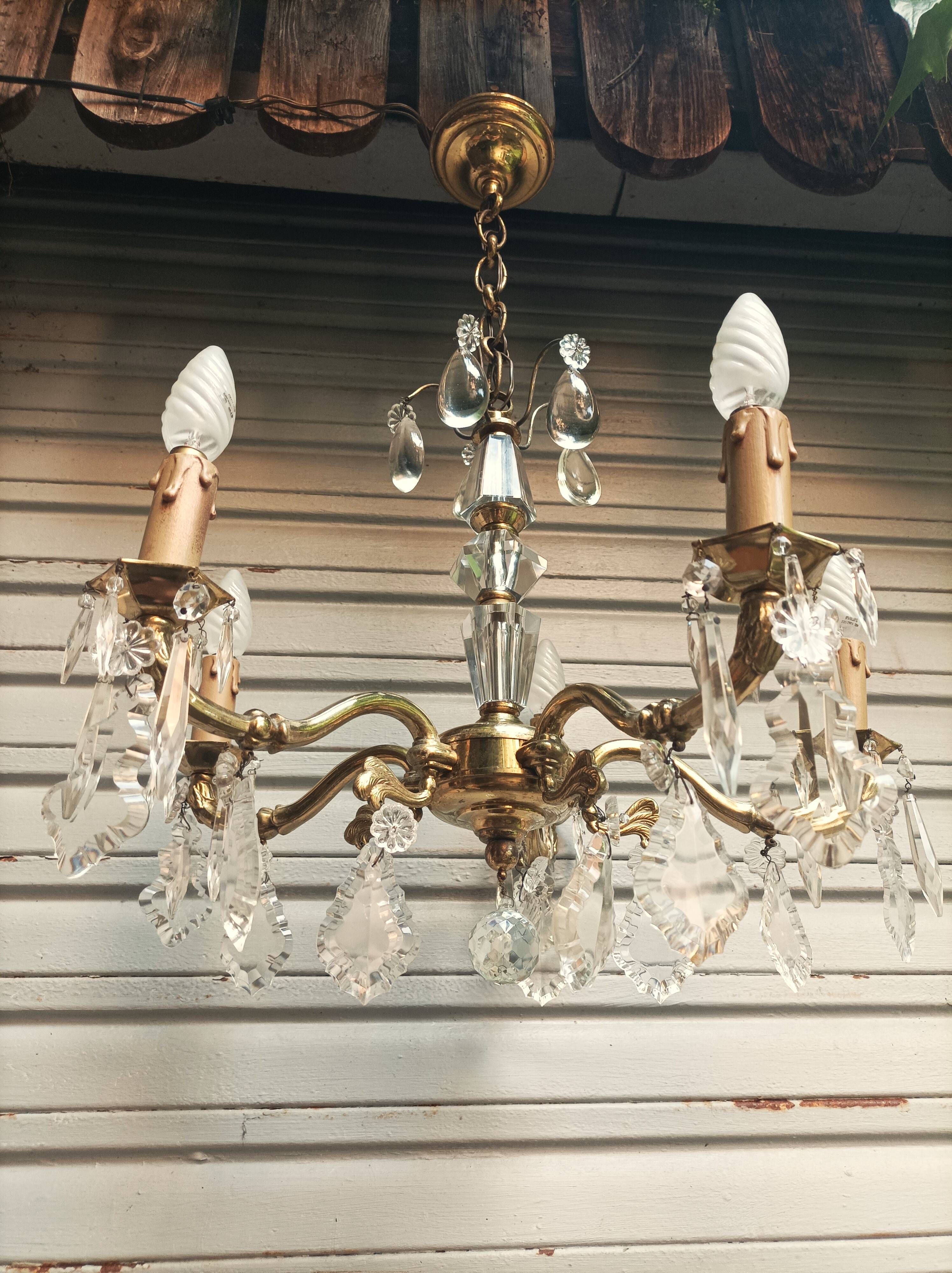 Exceptional bronze chandelier with crystal pendants in working order circa 1910