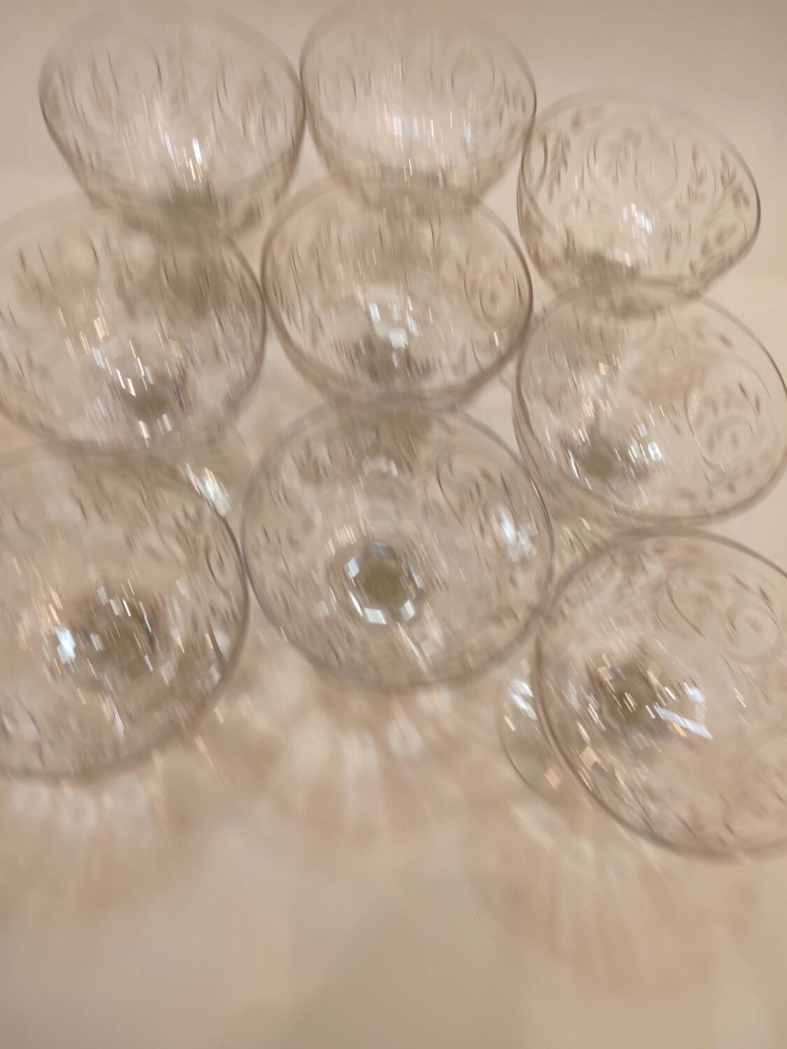 9 Clichy crystal champagne glasses, 19th century