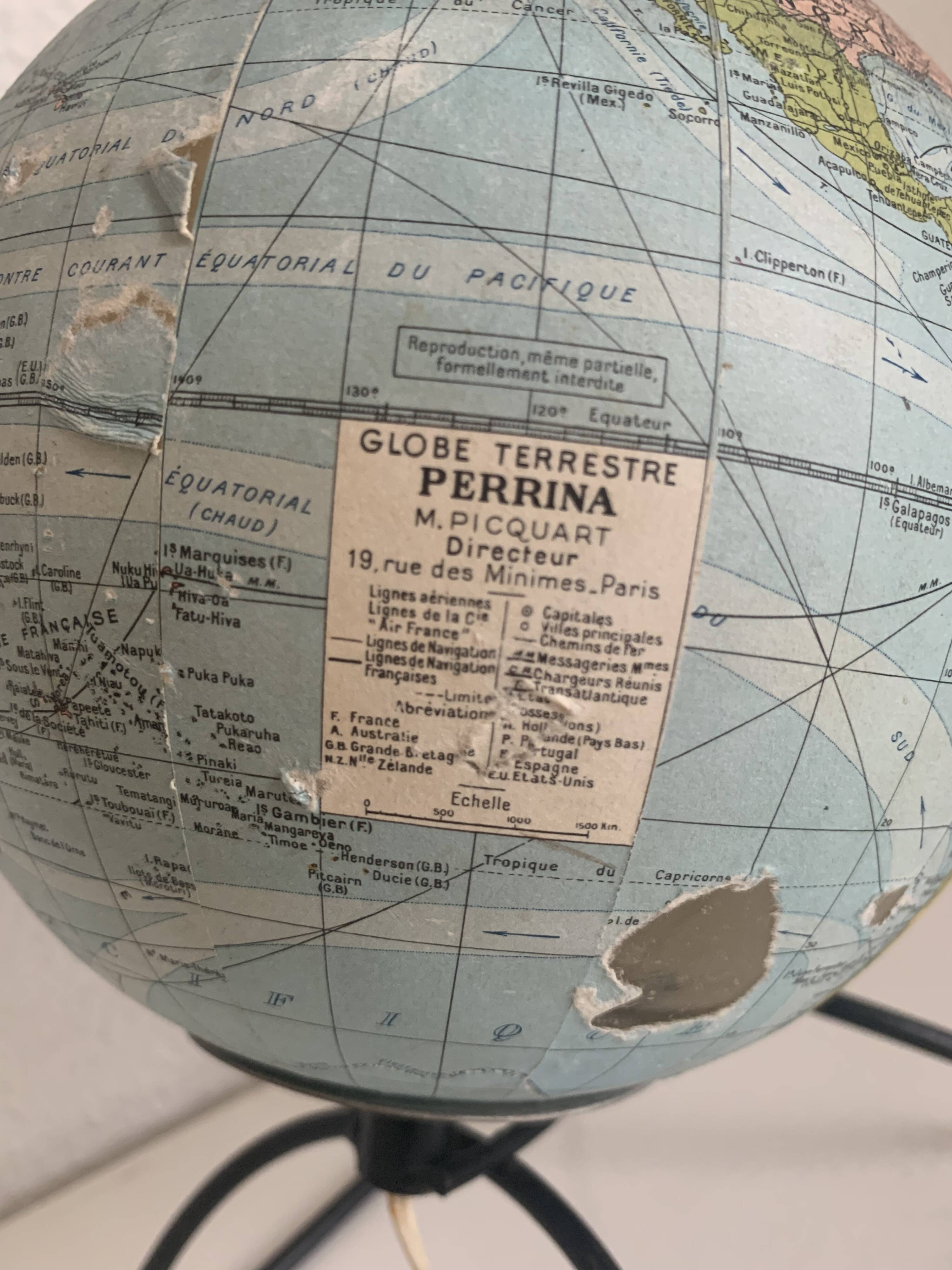 Globe vintage 1960 terrestre verre mappemonde Perrina - 24 cm