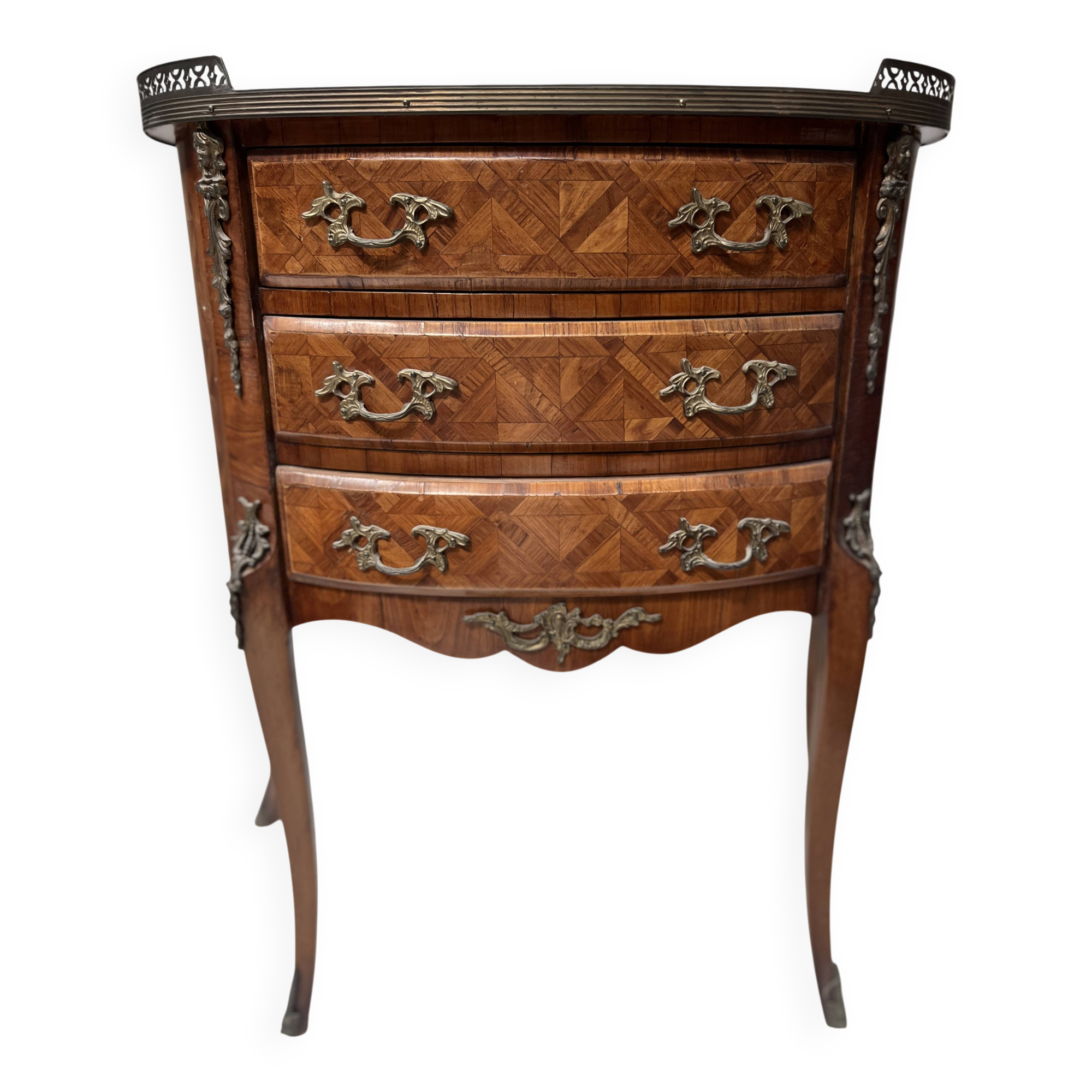 Half-moon commode in Louis XV style with cube marquetry from the 20th century.