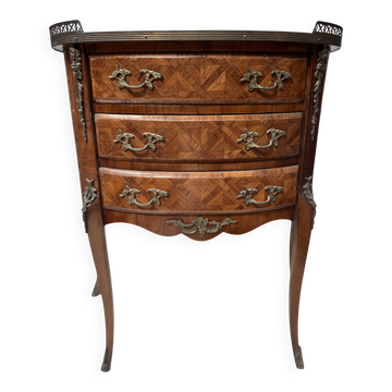 Half-moon commode in Louis XV style with cube marquetry from the 20th century.