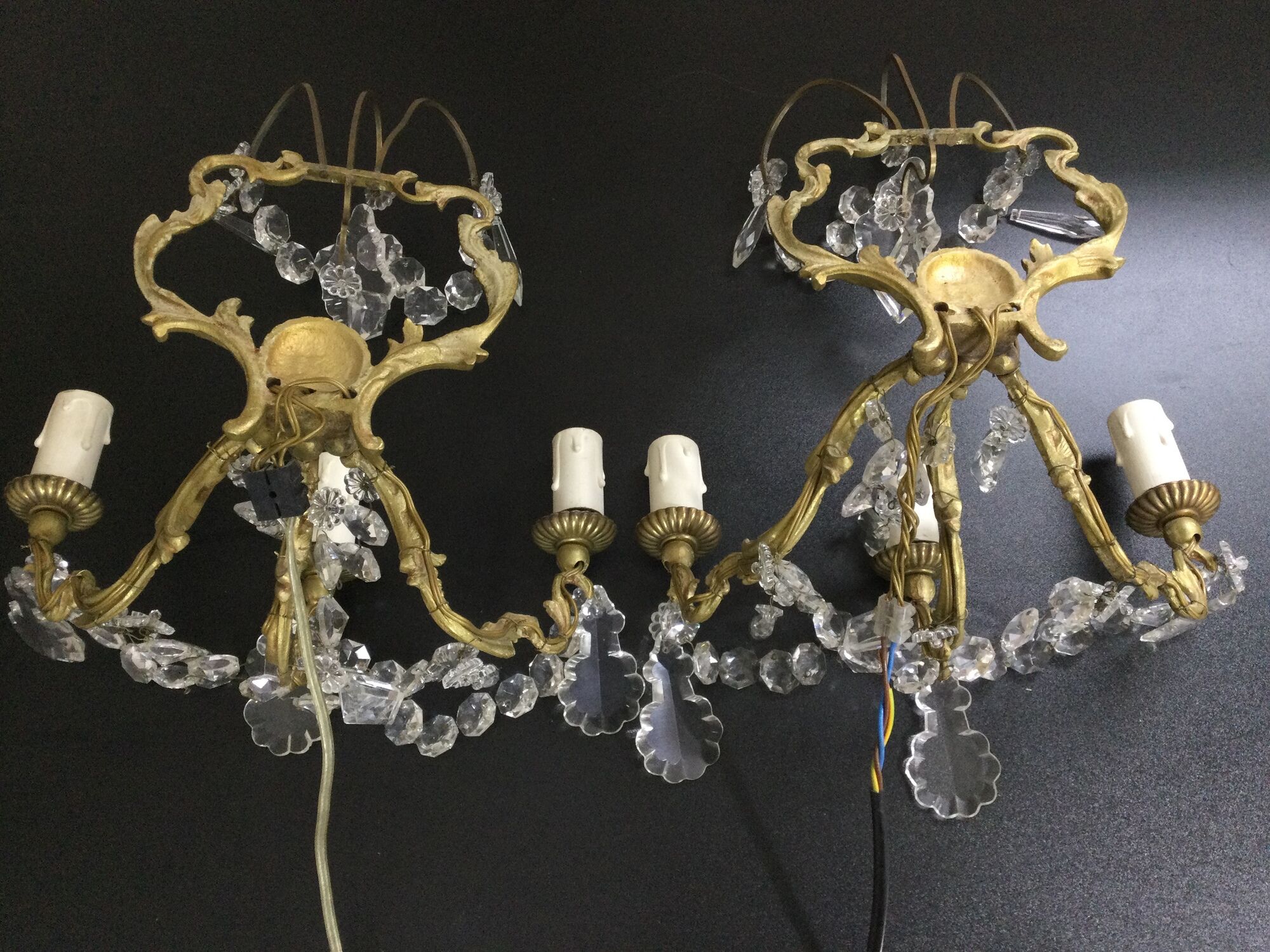 Pair of 3-light bronze and crystal wall lights