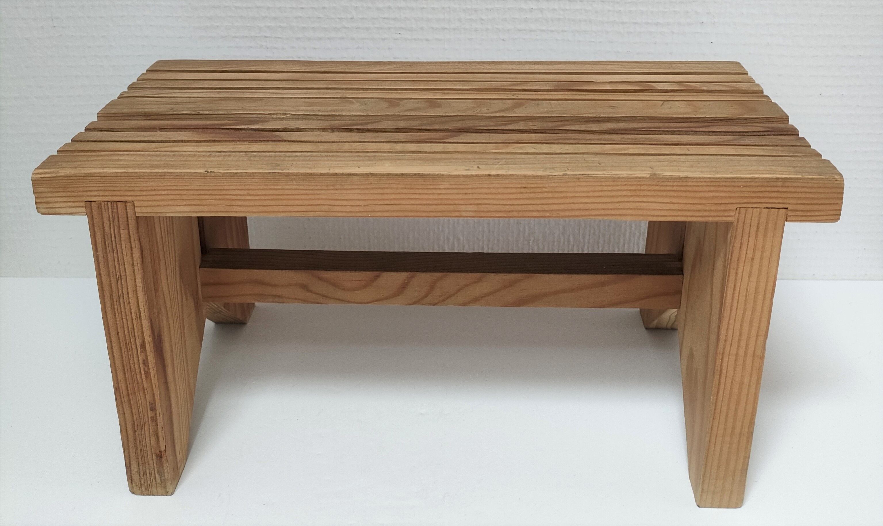 Vintage solid pine slatted low stool