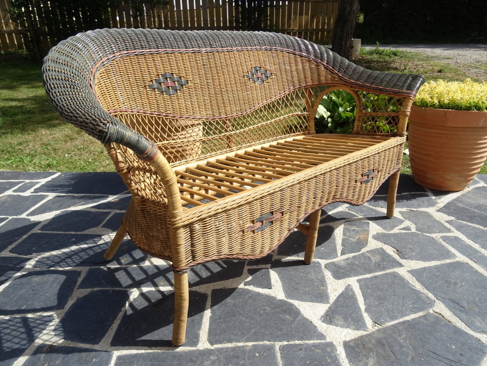 Vintage rattan lounge: one bench, two armchairs