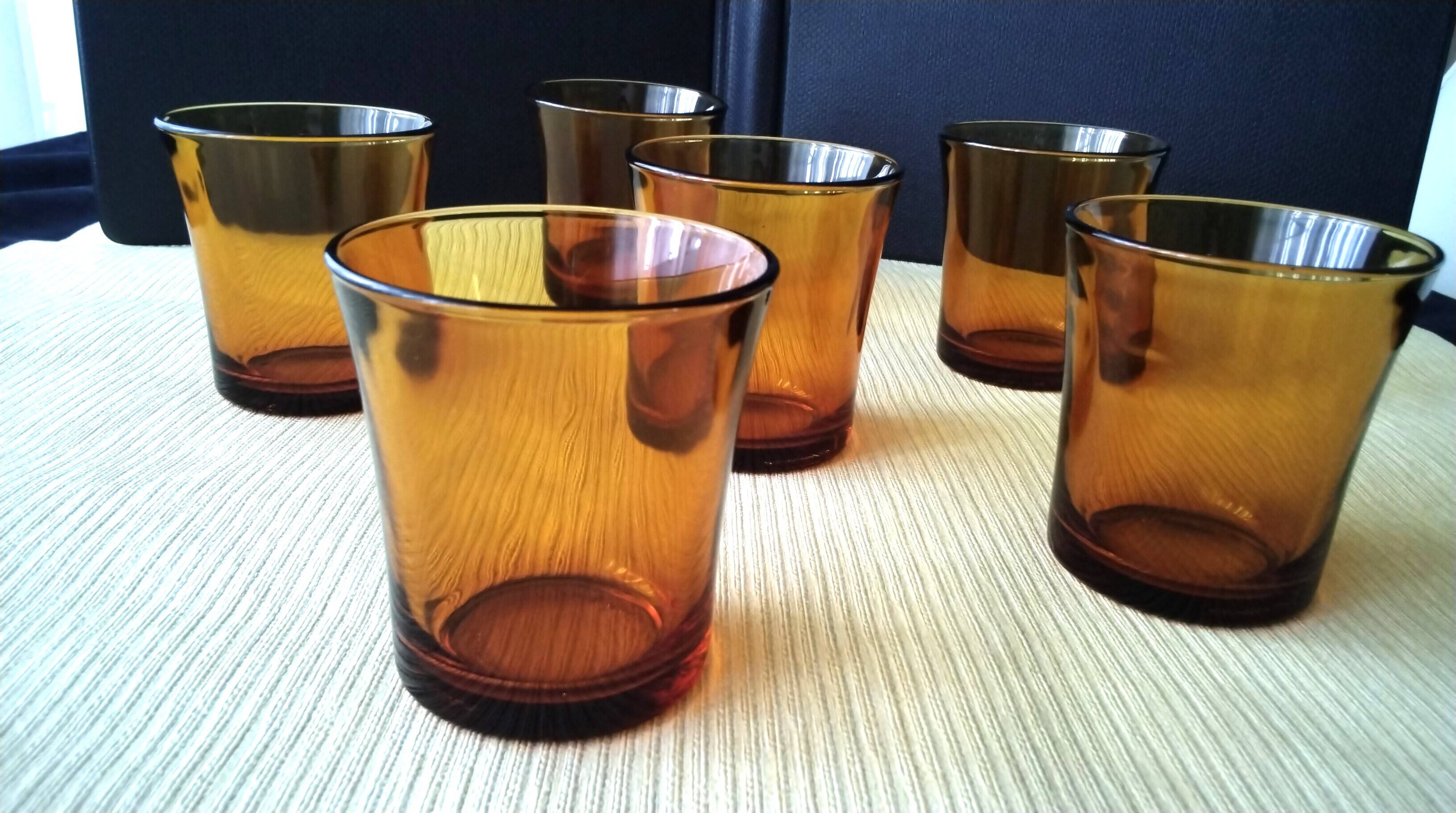 6 vintage Duralex table glasses in amber colour