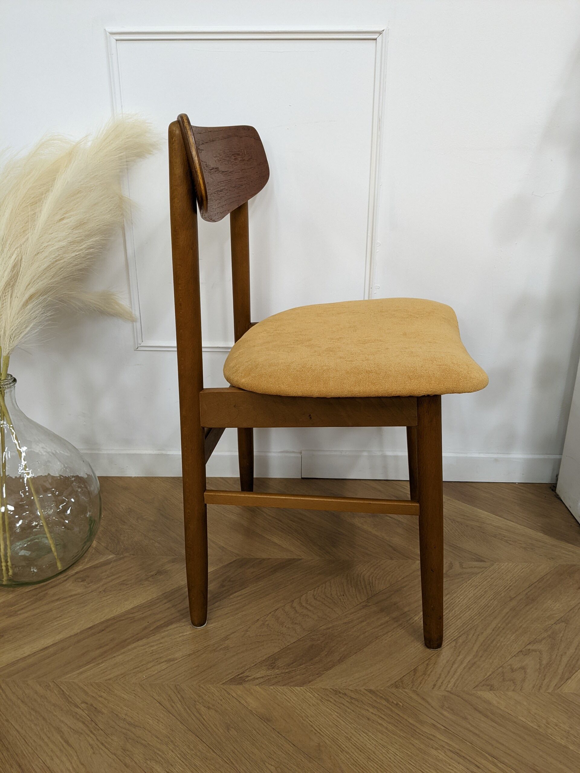 Scandinavian chair with mustard yellow fabric