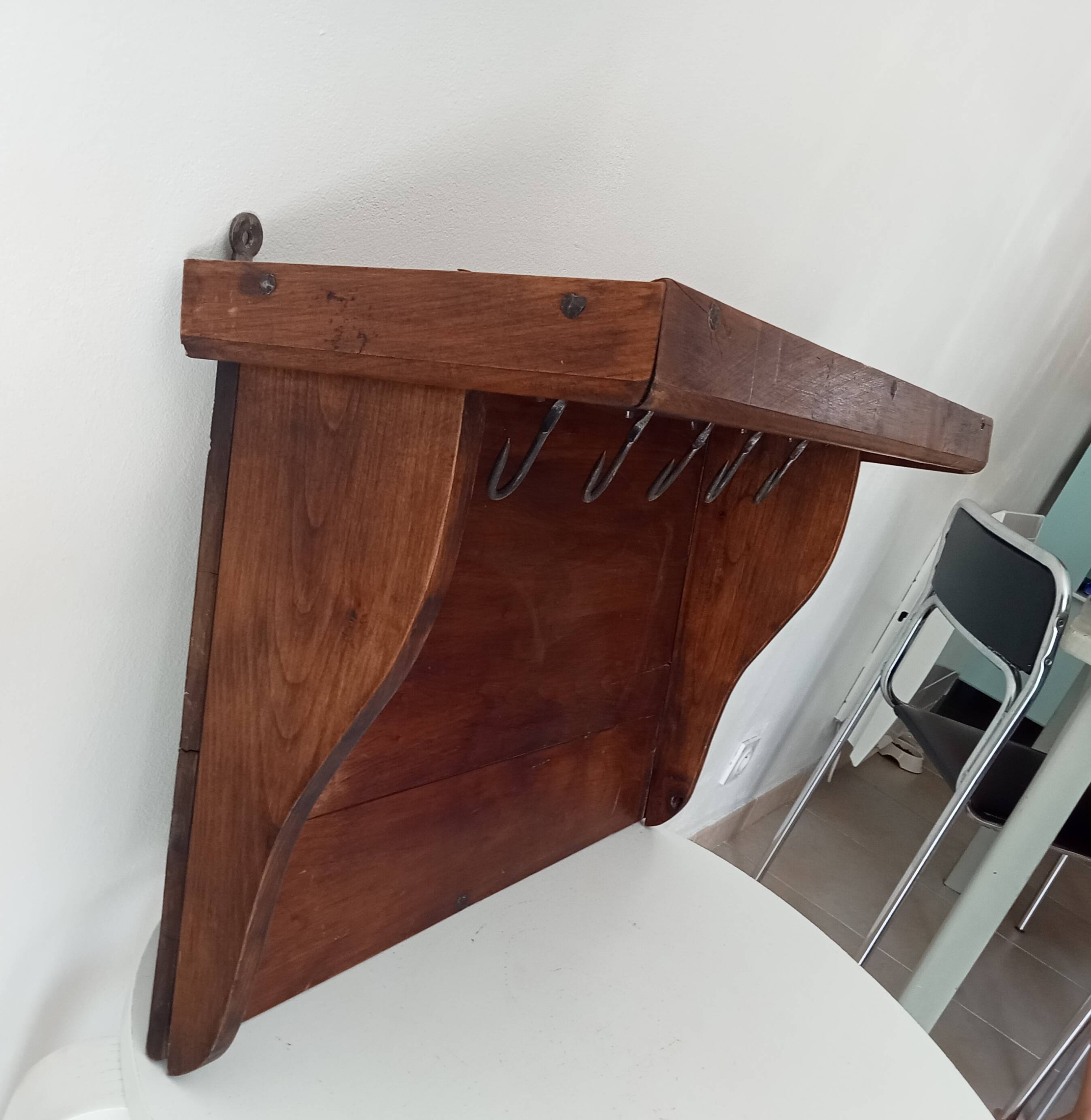 Antique wall shelf in solid chestnut with butcher's hooks