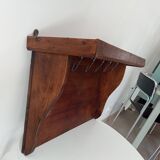 Antique wall shelf in solid chestnut with butcher's hooks