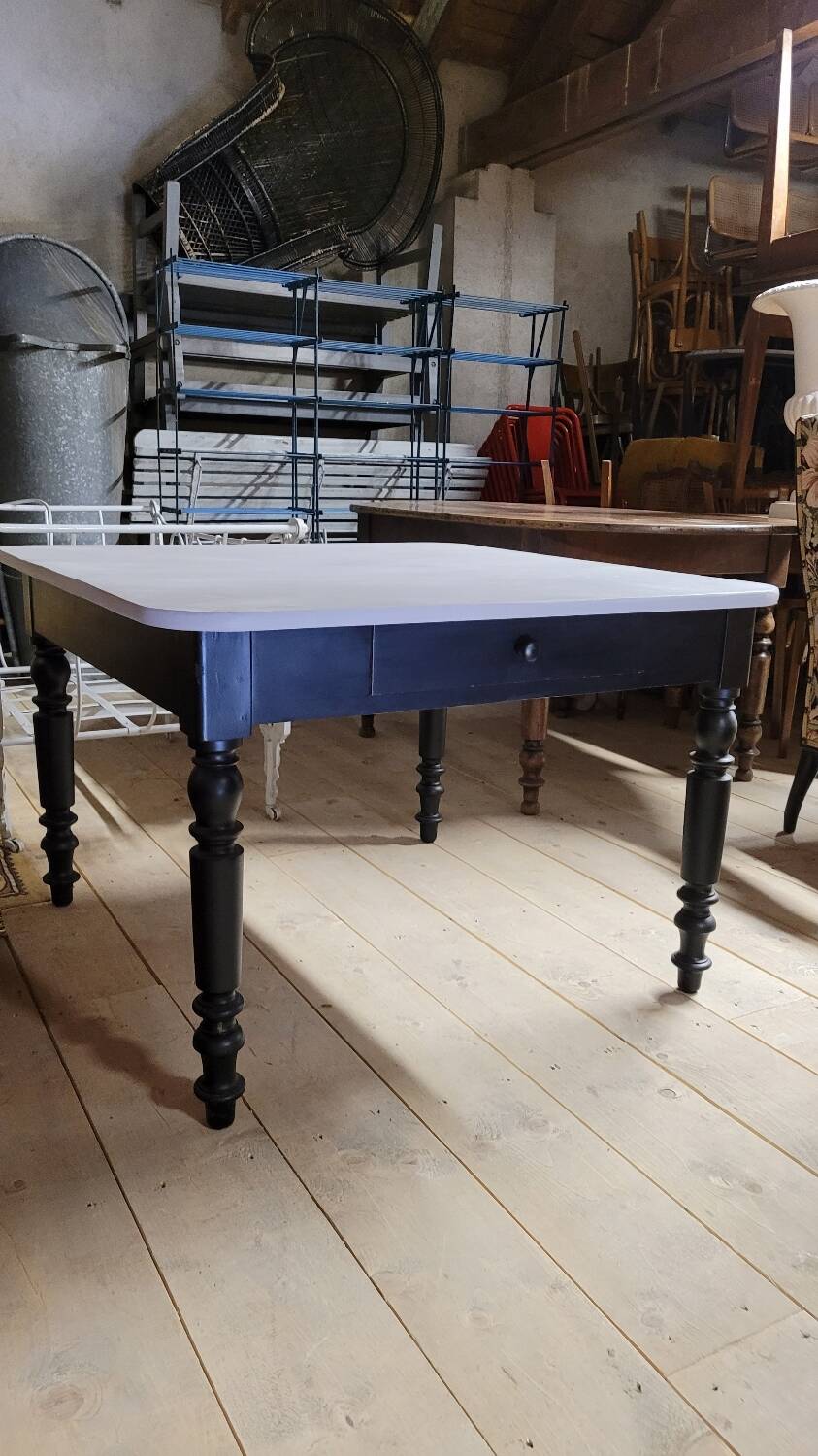 Antique patinated bistro farmhouse table, one drawer