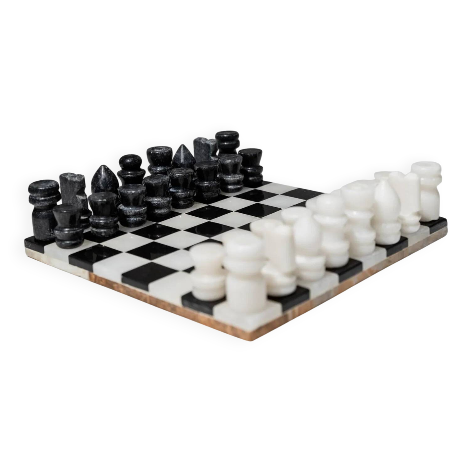 Vintage black-and-white marble chessboard with matching marble pieces, Italian 1960s design, sculptural centerpiece