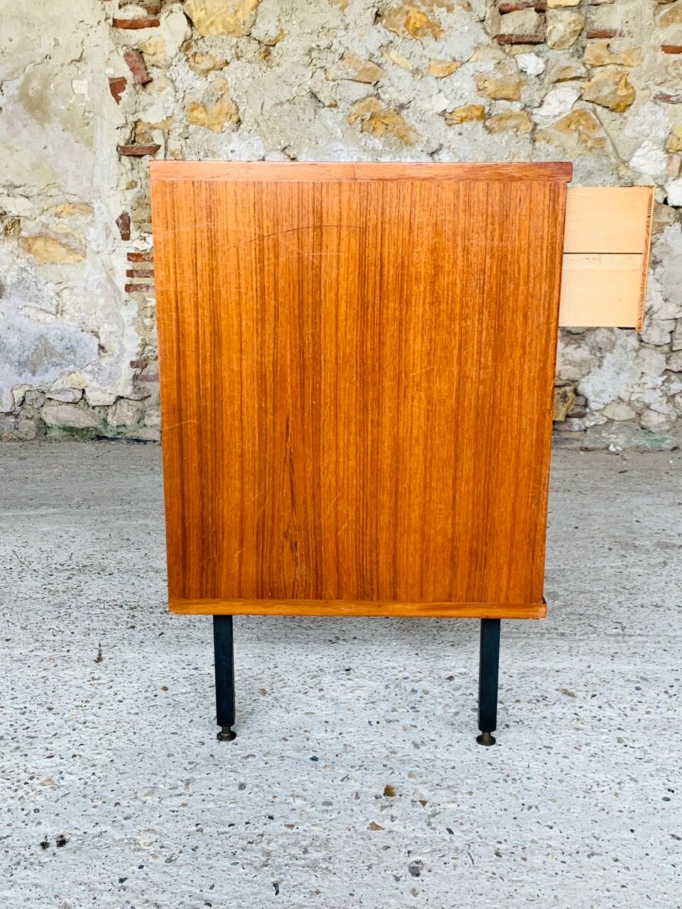 Vintage chest of drawers, Scandinavian teak style, circa 60 metal feet