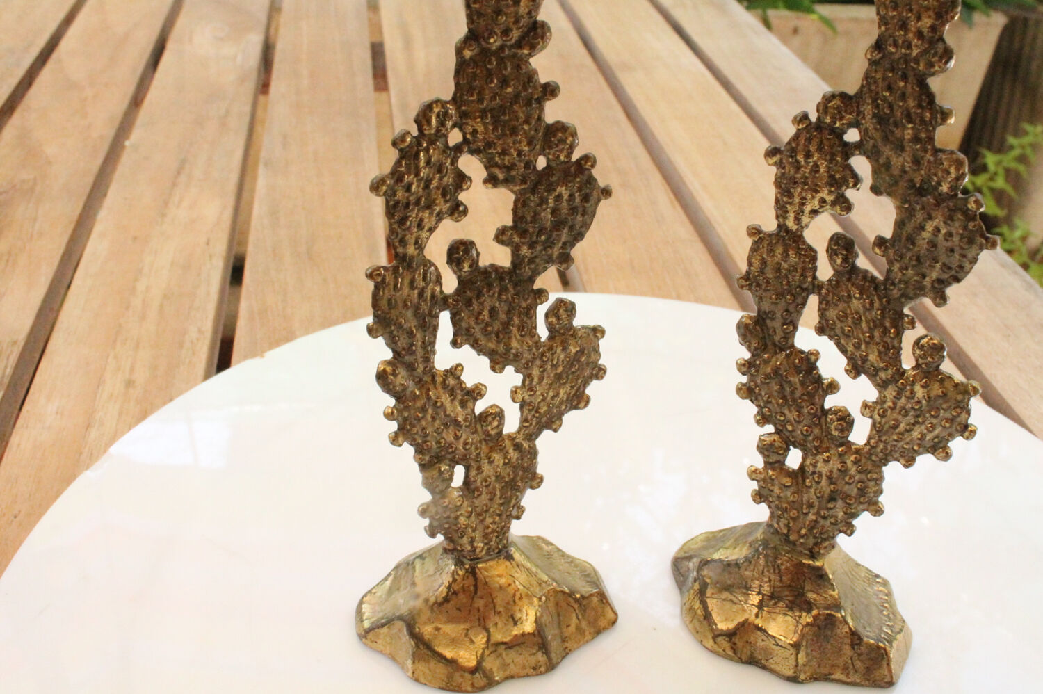 Old pair of vintage Hein Holon Israel cactus candlesticks