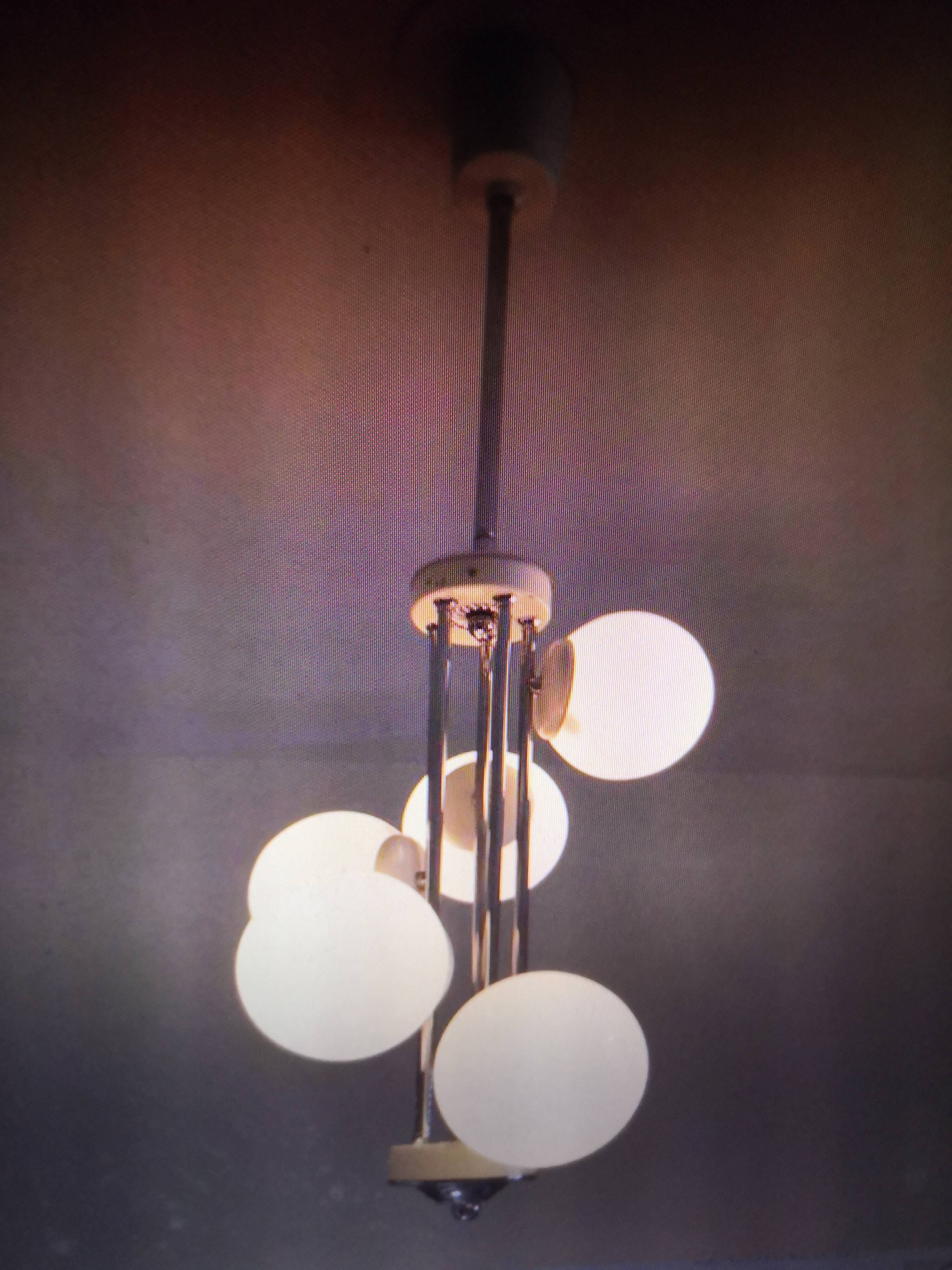 Vintage chandelier 5 opaline glass balls + 2 Space Age Mid-Century wall lights