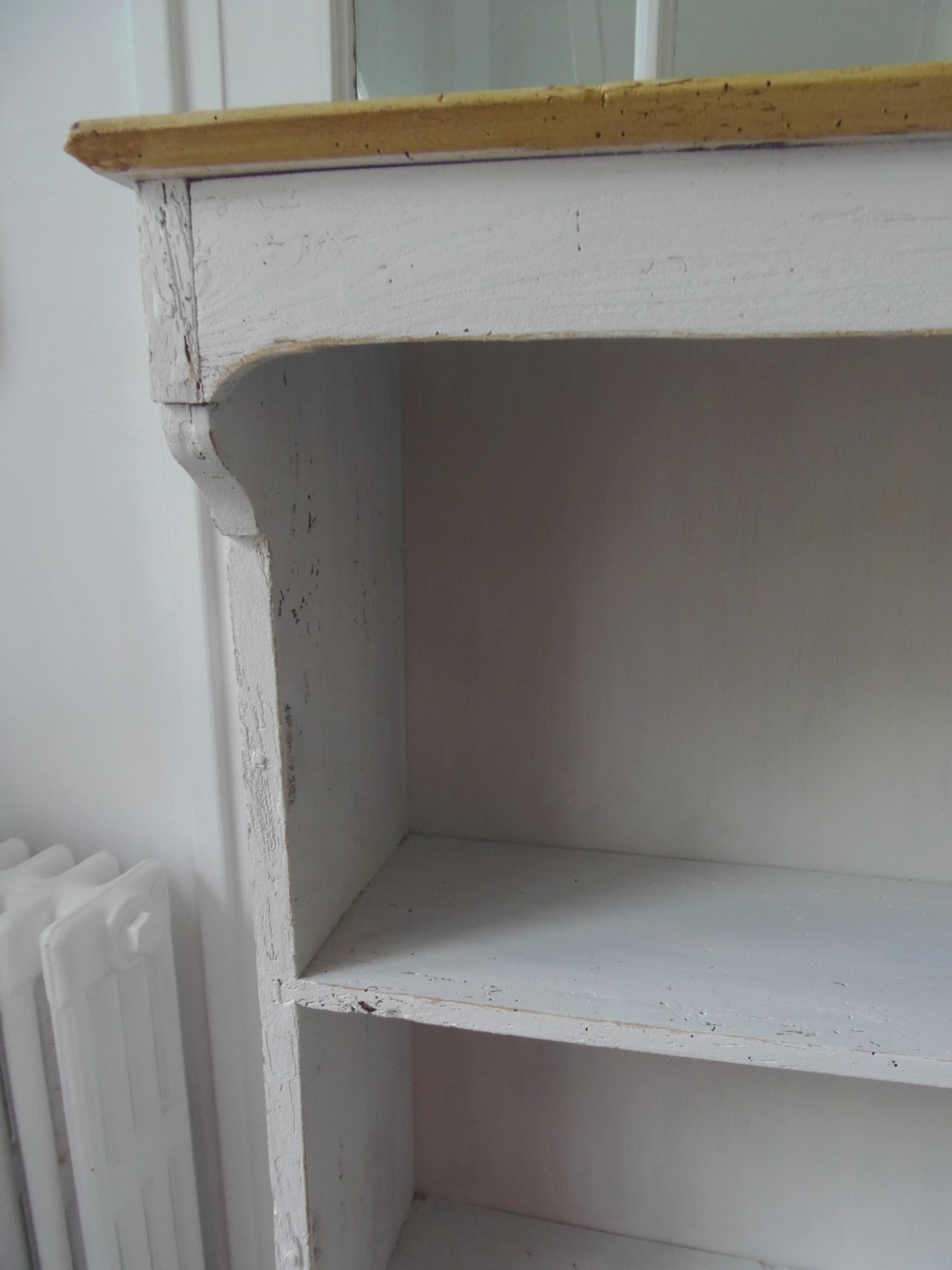 Bookcase in pearl grey waxed finish, light oak waxed top.