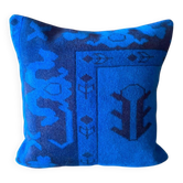 Vessel Motif Rug Cushion, Cobalt Navy Wool, Tribal Kilim Decor 20x20