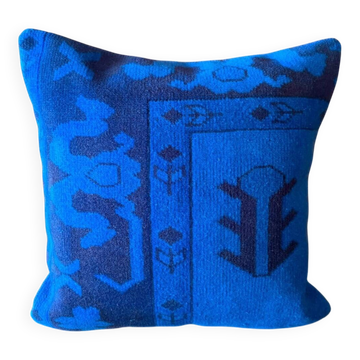 Vessel Motif Rug Cushion, Cobalt Navy Wool, Tribal Kilim Decor 20x20