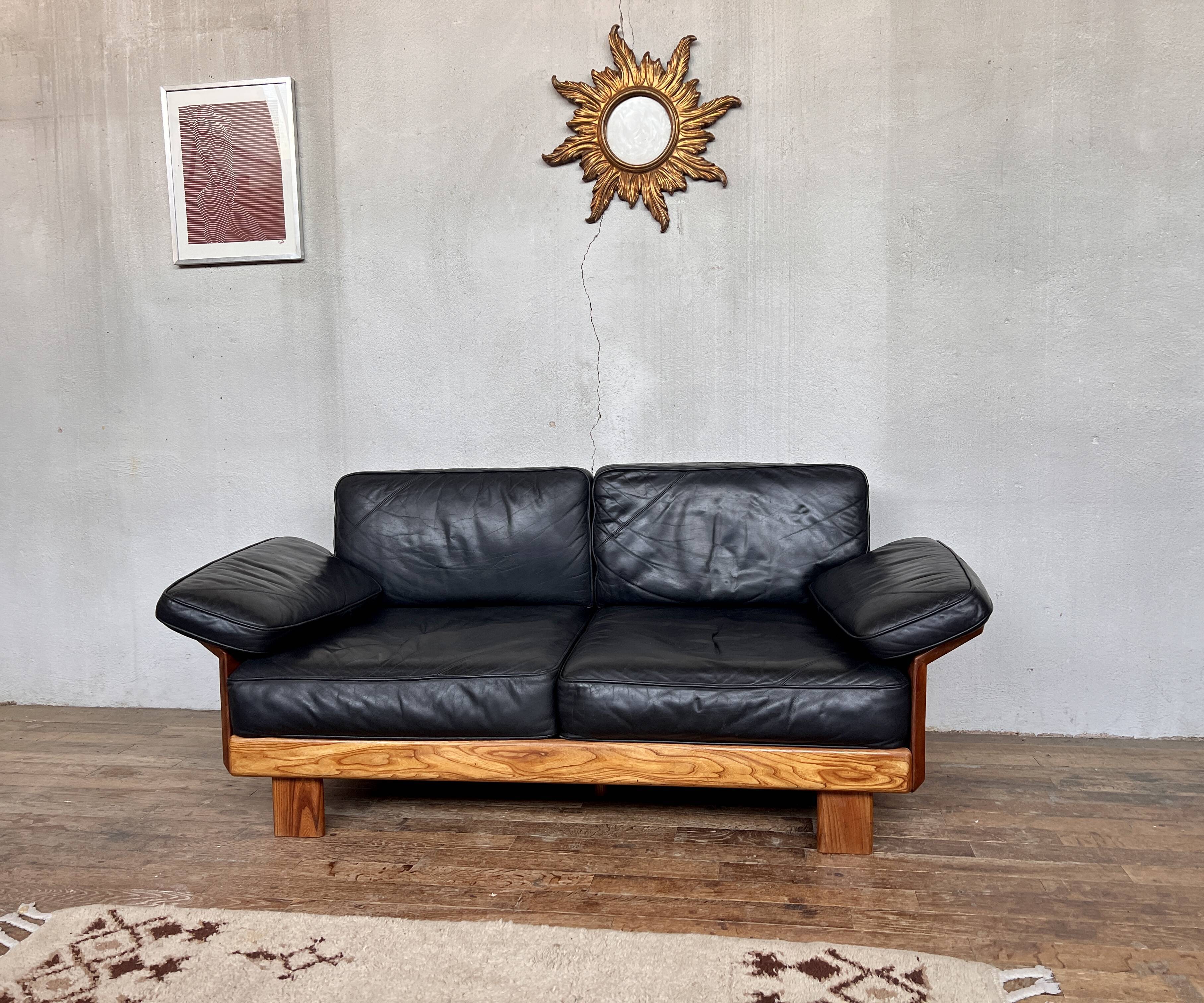 Canape seltz elm and leather design 1960