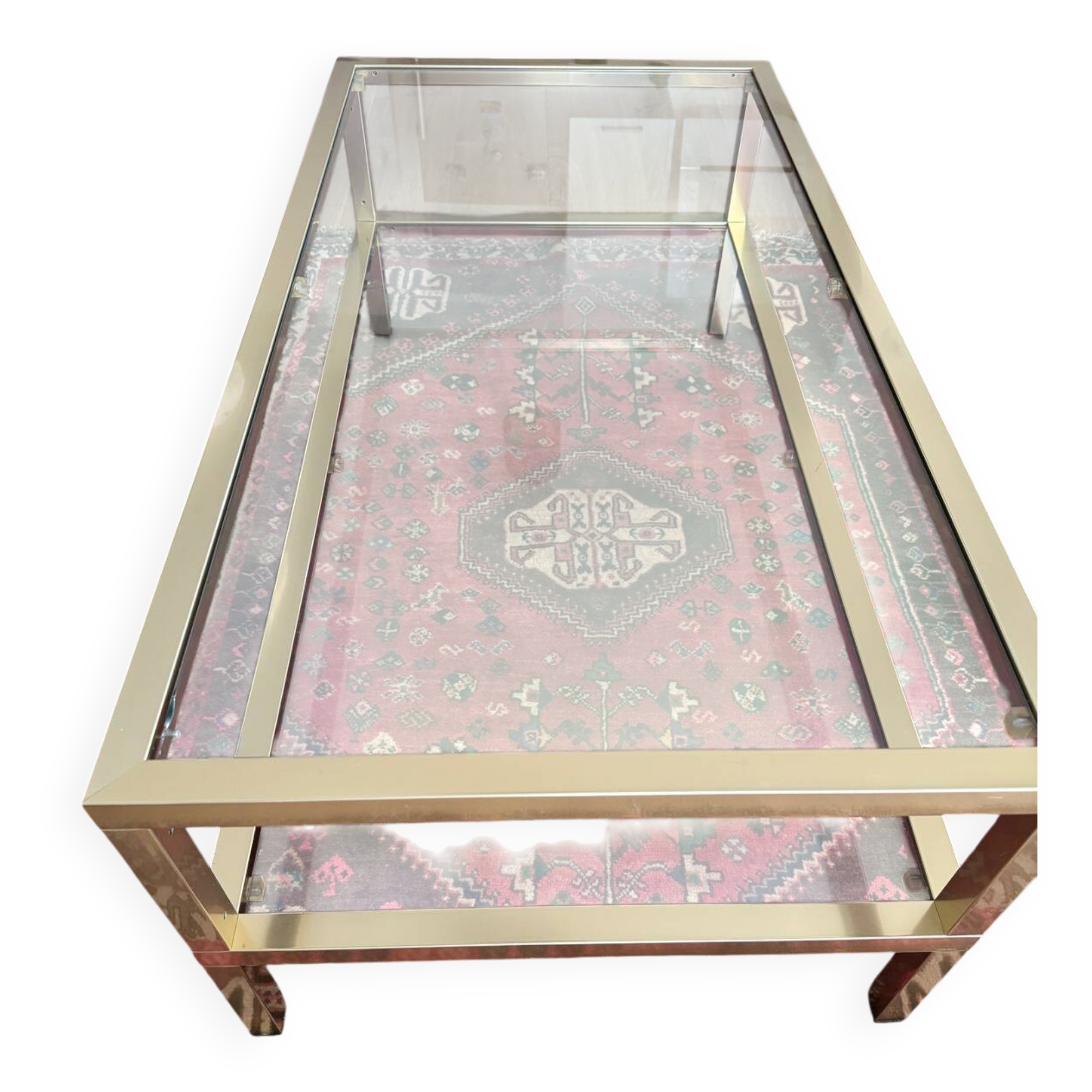 Pierre Vandel Paris 1970s vintage coffee table in brass and glass.