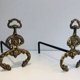 Pair of neoclassical andirons in bronze and wrought iron