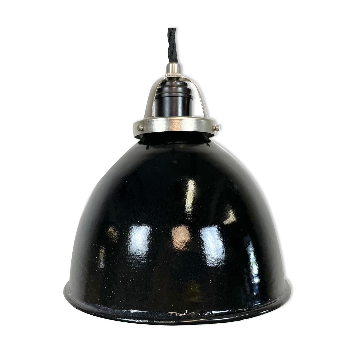 Industrial black enamel pendant lamp, 1950s