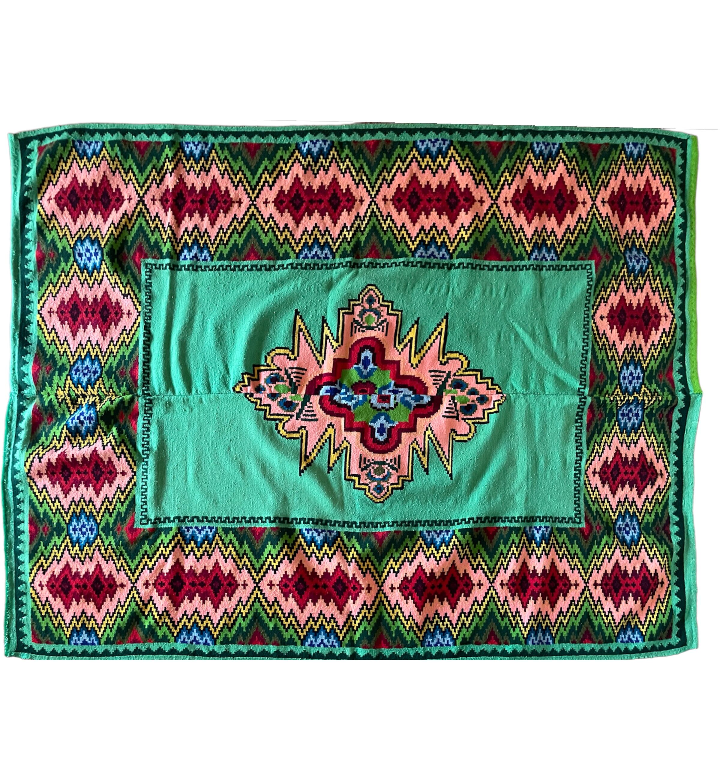 Romanian flatwoven rug geometrical design on a green turquoise background, 158x185 cm