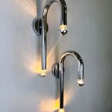 Pair of Space-Age tubular wall lights, chromed metal, Italy, 1970s