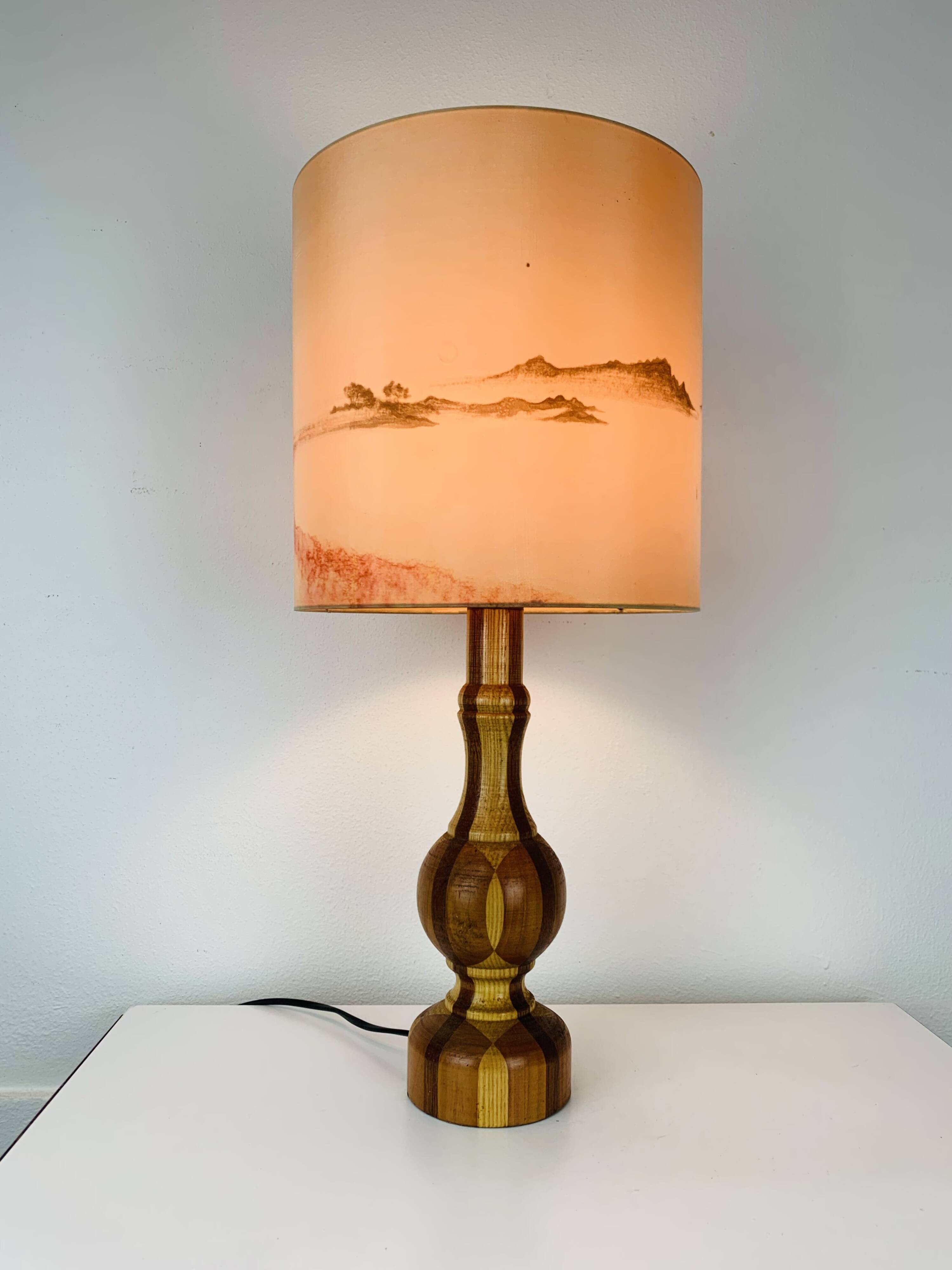 Vintage turned wood lamp, silk lampshade