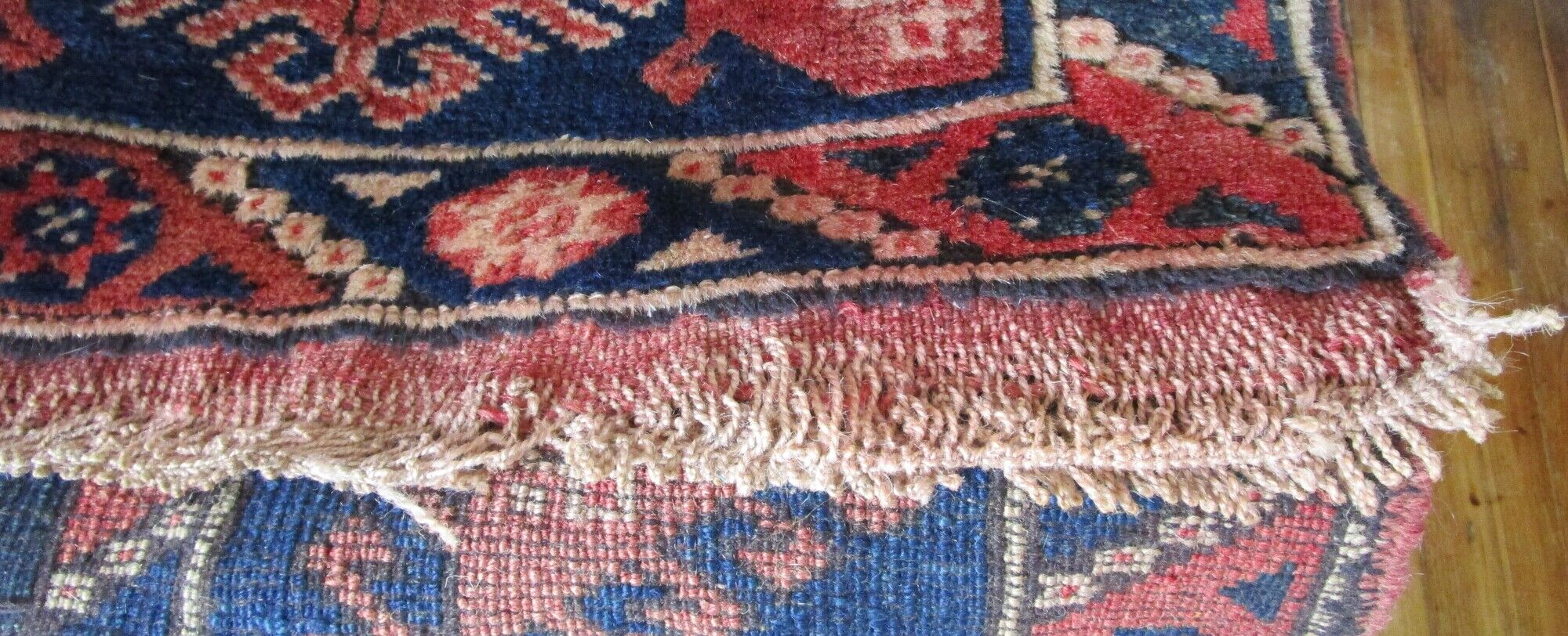 Carpet point knotted velvet wool blue red white 124 cm x 202 cm vintage