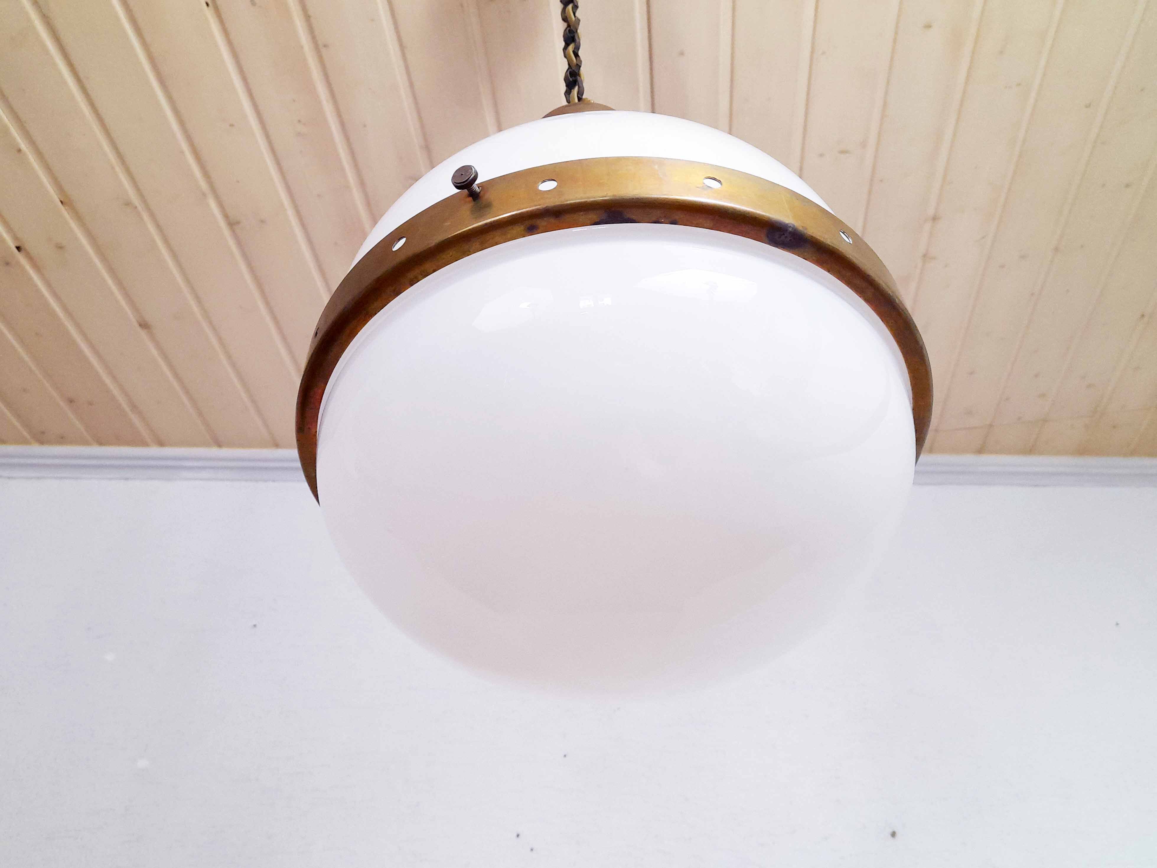 Bauhaus pendant lamp in opaline glass and brass