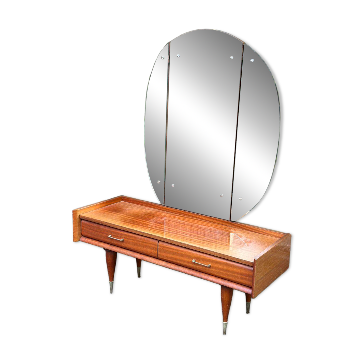 Coiffeuse scandinave en bois des années 50 avec miroir triptyque